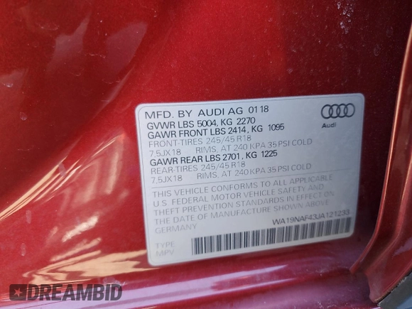 2018 Audi allroad Prestige with VIN WA19NAF43JA121233, listed as a Copart auction lot 46451515 with 56,354 mi miles and Salvage Title. Bid and sale history available at carsss.com. Image 13.