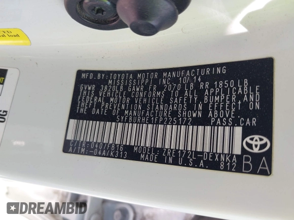 2015 Toyota Corolla L with VIN 5YFBURHE1FP225172, listed as a IAAI auction lot 41775755 with 129,022 mi miles and . Bid and sale history available at DreamBid. Image 9.