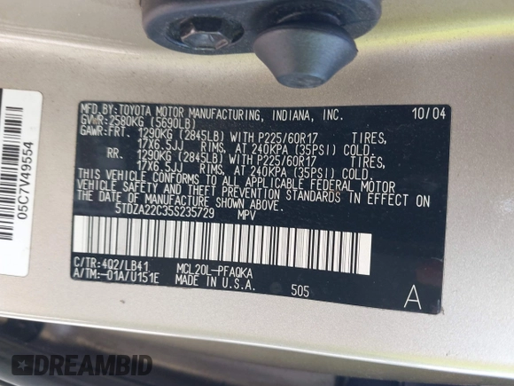 2005 Toyota Sienna XLE z VIN 5TDZA22C35S235729, wystawiony jako IAAI lot #42532095 z przebiegiem 182 328 mil mil oraz . Historia ofert i sprzedaży dostępna na DreamBid. Obrazek 9.