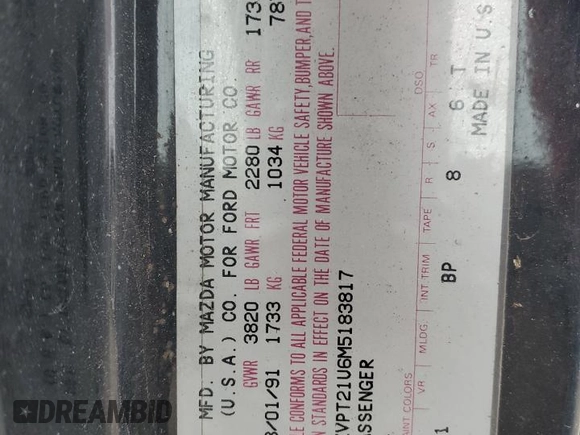 1991 Ford Probe z VIN 1ZVPT21U6M5183817, wystawiony jako Copart lot #78730774 z przebiegiem 47 047 mil mil oraz Szkoda całkowita • Salvage title. Historia ofert i sprzedaży dostępna na DreamBid. Obrazek 12.