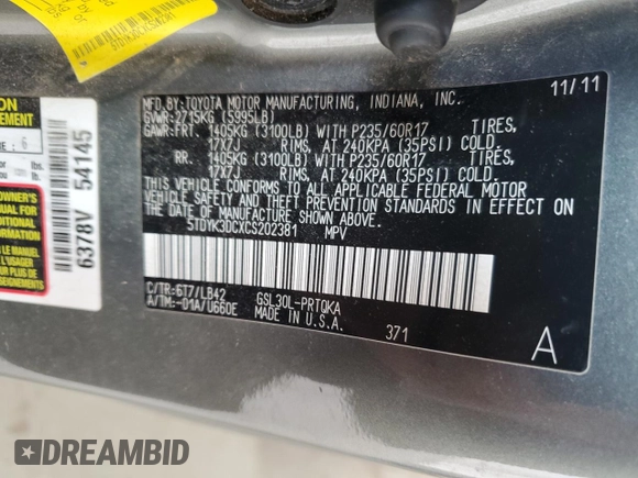 2012 Toyota Sienna XLE AAS с VIN 5TDYK3DCXCS202381, выставлен на аукционе Copart как лот 59002895 с пробегом 272 415 миль миль и Списание • Salvage title. История ставок и продаж доступна на DreamBid. Изображение 13.