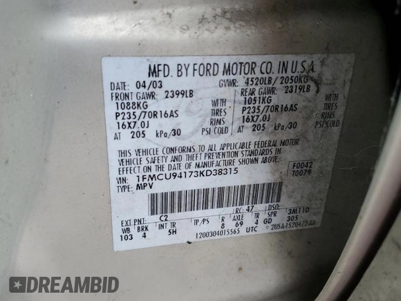 2003 Ford Escape Limited with VIN 1FMCU94173KD38315, listed as a Copart auction lot 75467314 with 267,669 mi miles and Salvage Title. Bid and sale history available at carsss.com. Image 13.