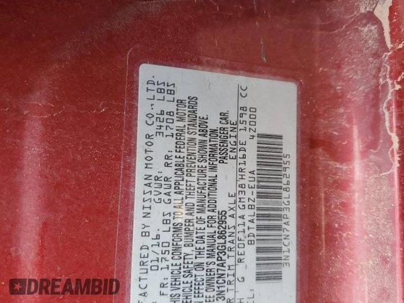 2016 Nissan Versa S with VIN 3N1CN7AP3GL862955, listed as a Copart auction lot 63529265 with 102,423 mi miles and Salvage title. Bid and sale history available at DreamBid. Image 12.