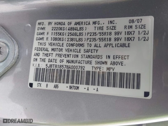 2008 Acura RDX Tech Pkg with VIN 5J8TB18578A000792, listed as a IAAI auction lot 41807254 with 119,554 mi miles. Bid and sale history available at carsss.com. Image 9.