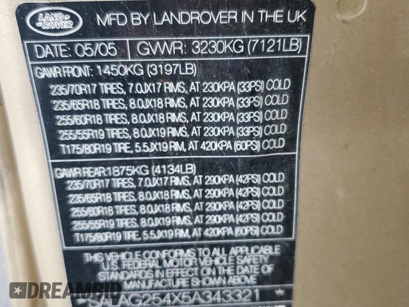 2005 Land Rover LR3 HSE with VIN SALAG254X5A343321, listed as a Copart auction lot 55645225 with 230,878 mi miles and Clean title. Bid and sale history available at DreamBid. Image 14.