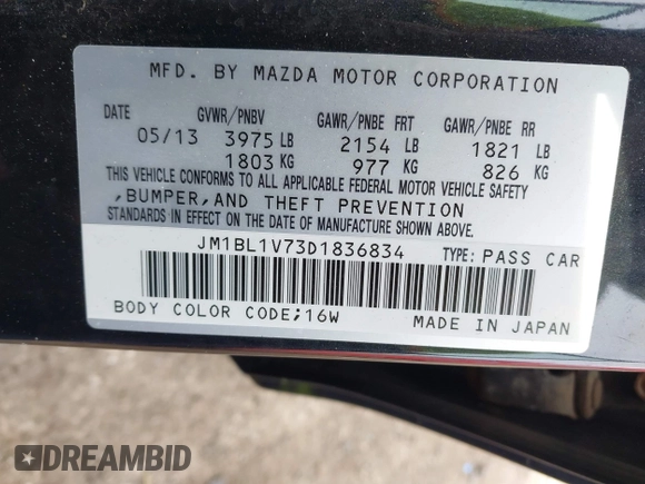 2013 Mazda 3 i Touring with VIN JM1BL1V73D1836834, listed as a IAAI auction lot 42019186 with 222,216 mi miles and . Bid and sale history available at DreamBid. Image 9.