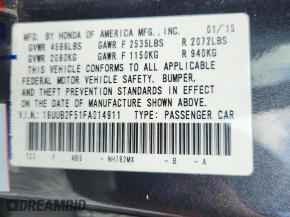 2015 Acura TLX Technology with VIN 19UUB2F51FA014911, listed as a Copart auction lot 60070395 with 81,068 mi miles and Salvage title. Bid and sale history available at DreamBid. Image 13.