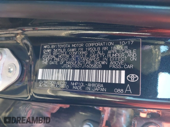 2018 Toyota Prius One with VIN JTDKDTB37J1605828, listed as a IAAI auction lot 41310761 with 85,079 mi miles and . Bid and sale history available at DreamBid. Image 9.