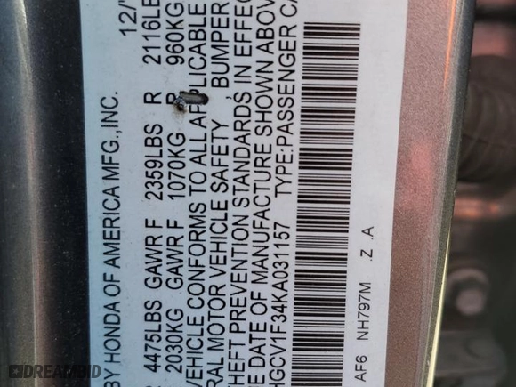 2019 Honda Accord Sedan Sport 1.5T with VIN 1HGCV1F34KA031157, listed as a Copart auction lot 48808015 with 84,326 mi miles and Clean Title. Bid and sale history available at carsss.com. Image 12.