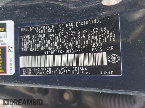 2017 Toyota Camry XLE with VIN 4T1BF1FK2HU434846, listed as a Copart auction lot 48119105 with 130,053 mi miles and Salvage Title. Bid and sale history available at carsss.com. Image 12.