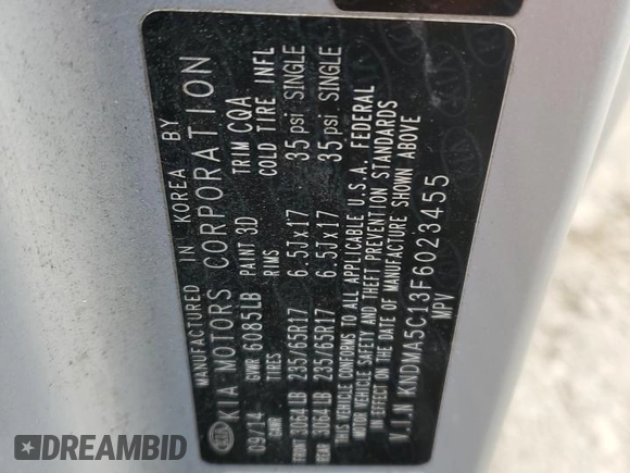 2015 Kia Sedona L with VIN KNDMA5C13F6023455, listed as a Copart auction lot 45580205 with 187,647 mi miles and Clean Title. Bid and sale history available at carsss.com. Image 13.