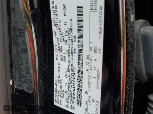 2020 Ford F-150 XL with VIN 1FTEW1C4XLFA74777, listed as a Copart auction lot 54531225 with 89,562 mi miles and Salvage Title. Bid and sale history available at carsss.com. Image 12.