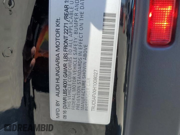 2017 Audi TT with VIN TRUC5AFVXH1008027, listed as a Copart auction lot 45107555 with 45,804 mi miles and Salvage title. Bid and sale history available at DreamBid. Image 12.