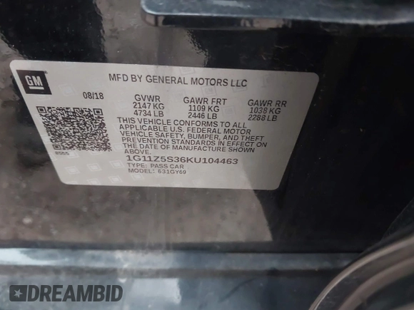 2019 Chevrolet Impala LT with VIN 1G11Z5S36KU104463, listed as a IAAI auction lot 41989775 with 56,364 mi miles and . Bid and sale history available at DreamBid. Image 9.