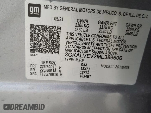 2021 GMC Terrain SLT with VIN 3GKALVEV2ML389606, listed as a Copart auction lot 49681125 with 63,096 mi miles and Salvage Title. Bid and sale history available at DreamBid. Image 13.