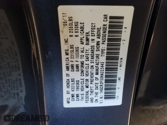 2017 Honda Accord Sport with VIN 1HGCR2F5XHA223445, listed as a Copart auction lot 50564205 with 223,129 mi miles and Salvage Title. Bid and sale history available at carsss.com. Image 14.