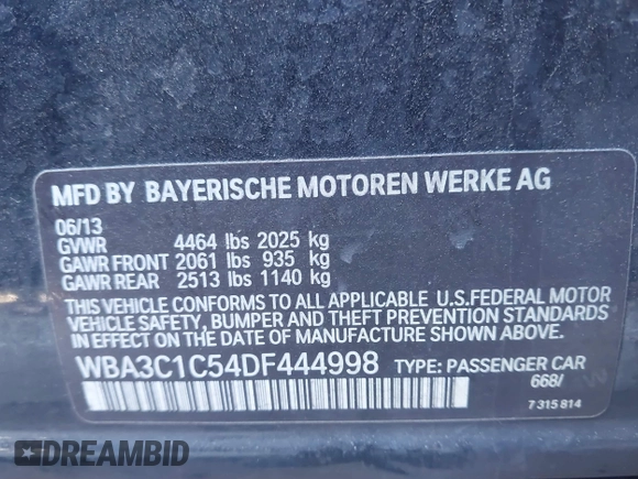 2013 BMW 3 Series 328i with VIN WBA3C1C54DF444998, listed as a IAAI auction lot 41392949 with 158,555 mi miles. Bid and sale history available at carsss.com. Image 9.