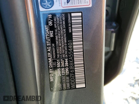 2019 Mercedes-Benz E 450 with VIN WDDZF6JB8KA554401, listed as a Copart auction lot 87548445 with 72,366 mi miles and Salvage Title. Bid and sale history available at DreamBid. Image 12.