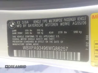 2006 BMW X3 3.0i with VIN WBXPA93496WG86257, listed as a IAAI auction lot 42312476 with 145,746 mi miles and . Bid and sale history available at DreamBid. Image 9.
