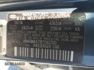 2015 Kia Optima LX with VIN KNAGM4A73F5562330, listed as a Copart auction lot 63159215 with 168,953 mi miles and Clean title. Bid and sale history available at DreamBid. Image 12.