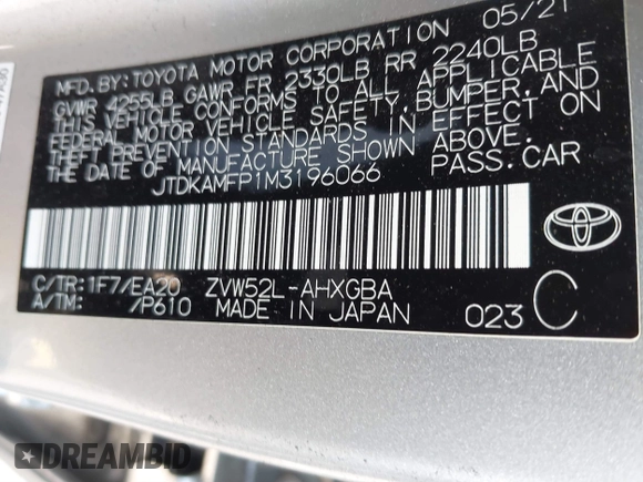 2021 Toyota Prius LE with VIN JTDKAMFP1M3196066, listed as a IAAI auction lot 41752179 with 90,200 mi miles and . Bid and sale history available at DreamBid. Image 9.