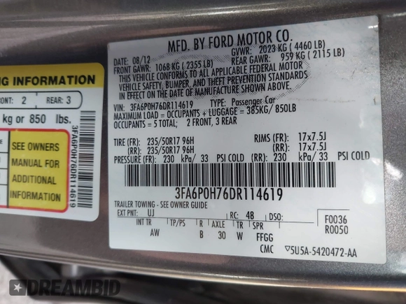 2013 Ford Fusion SE with VIN 3FA6P0H76DR114619, listed as a IAAI auction lot 41864387 with 140,296 mi miles. Bid and sale history available at carsss.com. Image 9.