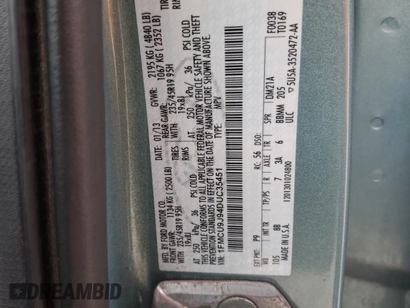 2013 Ford Escape Titanium с VIN 1FMCU9J94DUC35451, выставлен на аукционе Copart как лот 54412335 с пробегом 187 938 миль миль и Списание • Salvage title. История ставок и продаж доступна на DreamBid. Изображение 13.