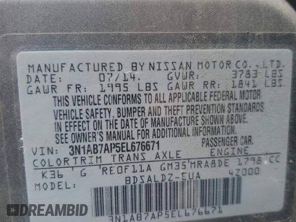 2014 Nissan Sentra SV with VIN 3N1AB7AP5EL676671, listed as a Copart auction lot 57861945 with 128,872 mi miles and Non repairable. Bid and sale history available at DreamBid. Image 13.