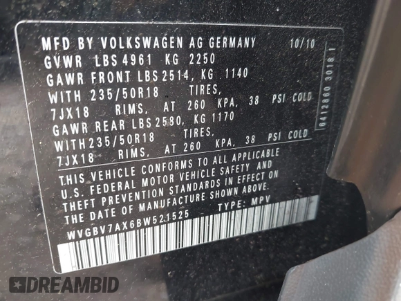 2011 Volkswagen Tiguan SEL with VIN WVGBV7AX6BW521525, listed as a IAAI auction lot 42490216 with 123,546 mi miles and . Bid and sale history available at DreamBid. Image 9.