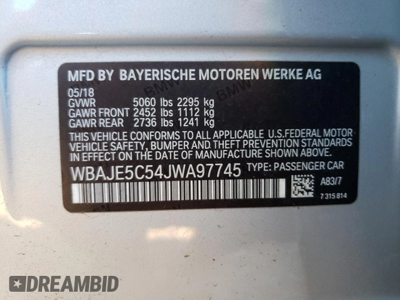2018 BMW 5 Series 540i with VIN WBAJE5C54JWA97745, listed as a Copart auction lot 49441365 with 172,709 mi miles and Clean title. Bid and sale history available at DreamBid. Image 12.