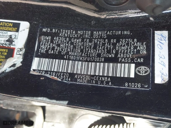 2015 Toyota Camry Hybrid LE with VIN 4T1BD1FK5FU170038, listed as a IAAI auction lot 41751734 with 292,193 mi miles. Bid and sale history available at carsss.com. Image 9.