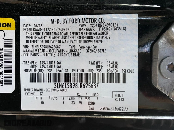 2018 Lincoln MKZ Premiere with VIN 3LN6L5B98JR625687, listed as a Copart auction lot 76837194 with 121,141 mi miles and Clean Title. Bid and sale history available at DreamBid. Image 10.