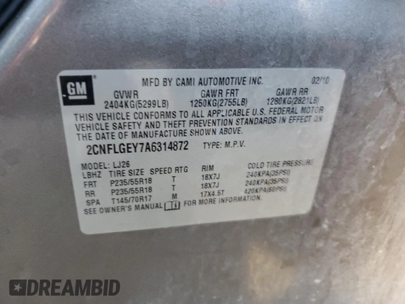 2010 Chevrolet Equinox LTZ with VIN 2CNFLGEY7A6314872, listed as a Copart auction lot 86433824 with 165,061 mi miles and Salvage Title. Bid and sale history available at DreamBid. Image 15.