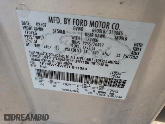 2007 Ford F-150 XLT with VIN 1FTRW14WX7FB11589, listed as a Copart auction lot 53151383 with 244,518 mi miles and Clean title. Bid and sale history available at DreamBid. Image 12.