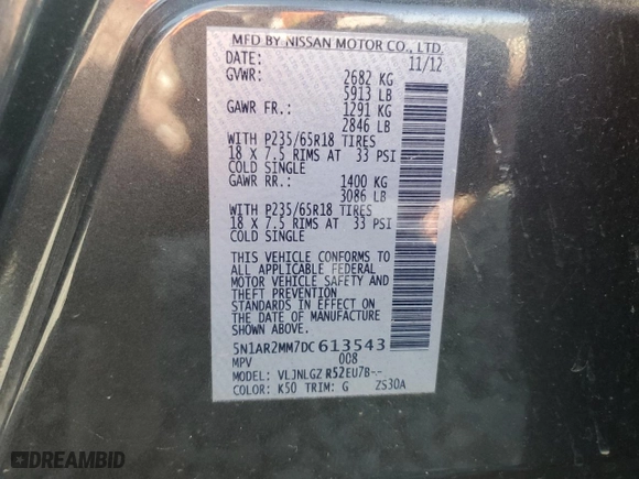 2013 Nissan Pathfinder SL with VIN 5N1AR2MM7DC613543, listed as a Copart auction lot 51131505 with 163,811 mi miles and Clean Title. Bid and sale history available at carsss.com. Image 13.