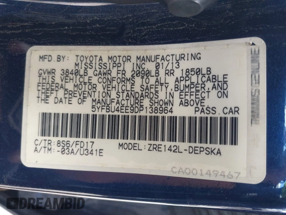 2013 Toyota Corolla L with VIN 5YFBU4EE9DP138964, listed as a IAAI auction lot 41777602 with 159,366 mi miles and . Bid and sale history available at DreamBid. Image 9.