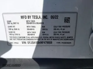 2022 Tesla Model S Plaid with VIN 5YJSA1E64NF479959, listed as a IAAI auction lot 41057673 with 27,203 mi miles. Bid and sale history available at carsss.com. Image 8.