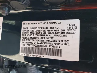 2021 Honda Passport Elite with VIN 5FNYF8H07MB003506, listed as a IAAI auction lot 42571906 with 42,323 mi miles and . Bid and sale history available at DreamBid. Image 9.