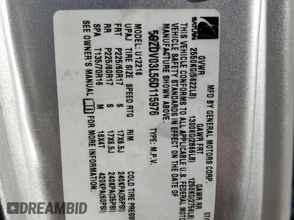 2006 Saturn Relay 2 FWD z VIN 5GZDV03L56D115976, wystawiony jako Copart lot #61964154 z przebiegiem 131 587 mil mil oraz Czysty tytuł • Clean title. Historia ofert i sprzedaży dostępna na DreamBid. Obrazek 13.