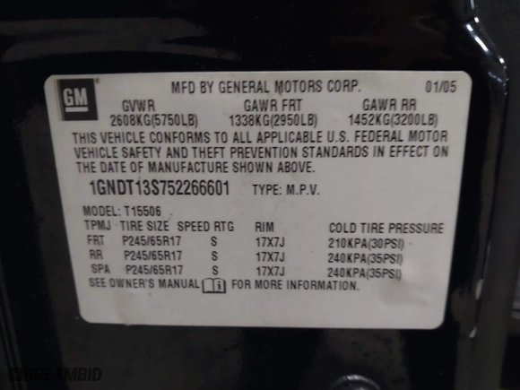 2005 Chevrolet TrailBlazer LT with VIN 1GNDT13S752266601, listed as a IAAI auction lot 41396007 with 204,190 mi miles. Bid and sale history available at carsss.com. Image 9.