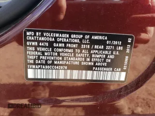 2012 Volkswagen Passat S with VIN 1VWAP7A30CC042976, listed as a Copart auction lot 56159455 with 130,729 mi miles and Salvage title. Bid and sale history available at DreamBid. Image 13.