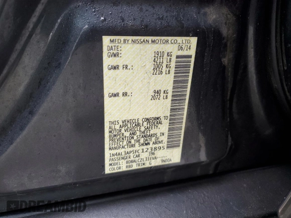2015 Nissan Altima S with VIN 1N4AL3AP5FC123895, listed as a Copart auction lot 44811335 with 213,672 mi miles and Salvage Title. Bid and sale history available at DreamBid. Image 12.