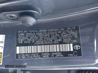 2013 Toyota Prius One with VIN JTDKN3DU9D5607855, listed as a IAAI auction lot 41728716 with 123,643 mi miles. Bid and sale history available at carsss.com. Image 9.
