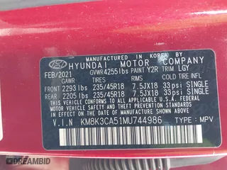 2021 Hyundai Kona Limited with VIN KM8K3CA51MU744986, listed as a IAAI auction lot 41519852 with 69,443 mi miles. Bid and sale history available at carsss.com. Image 9.
