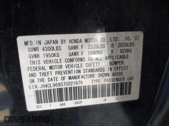 2007 Acura TSX Navi with VIN JH4CL96957C021979, listed as a IAAI auction lot 42053157 with 286,006 mi miles. Bid and sale history available at carsss.com. Image 9.
