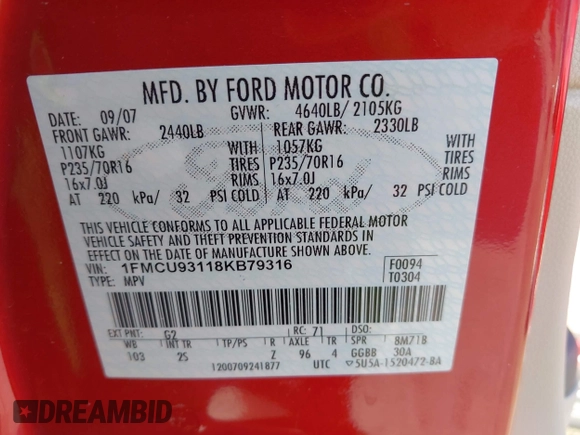 2008 Ford Escape XLT с VIN 1FMCU93118KB79316, выставлен на аукционе IAAI как лот 42579209 с пробегом 160 233 миль миль и . История ставок и продаж доступна на DreamBid. Изображение 9.