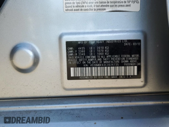 2012 Subaru Legacy Limited with VIN 4S3BMBK63C3026735, listed as a Copart auction lot 57102645 with 75,797 mi miles and Salvage title. Bid and sale history available at DreamBid. Image 12.
