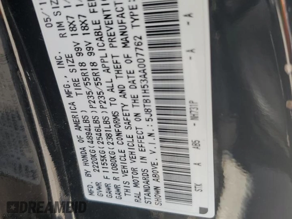2010 Acura RDX Technology with VIN 5J8TB1H53AA007762, listed as a Copart auction lot 55919384 with 124,329 mi miles and Salvage Title. Bid and sale history available at DreamBid. Image 15.