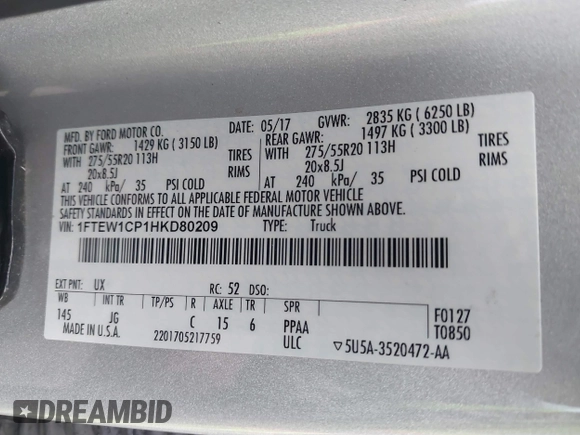 2017 Ford F-150 XL with VIN 1FTEW1CP1HKD80209, listed as a IAAI auction lot 40757059 with 106,102 mi miles and . Bid and sale history available at DreamBid. Image 9.