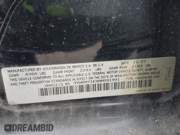 2008 Volkswagen Jetta SE z VIN 3VWRM71K98M091991, wystawiony jako IAAI lot #42550309 z przebiegiem 136 264 mil mil oraz . Historia ofert i sprzedaży dostępna na DreamBid. Obrazek 9.